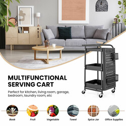 Grå 3‑nivås rullevogn i kulstål 52x33x75 cm med pegboards kurve og kroge