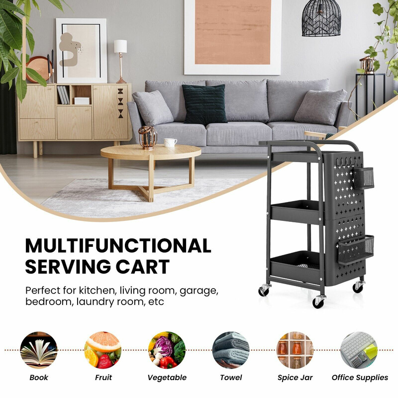 Grå 3‑nivås rullevogn i kulstål 52x33x75 cm med pegboards kurve og kroge