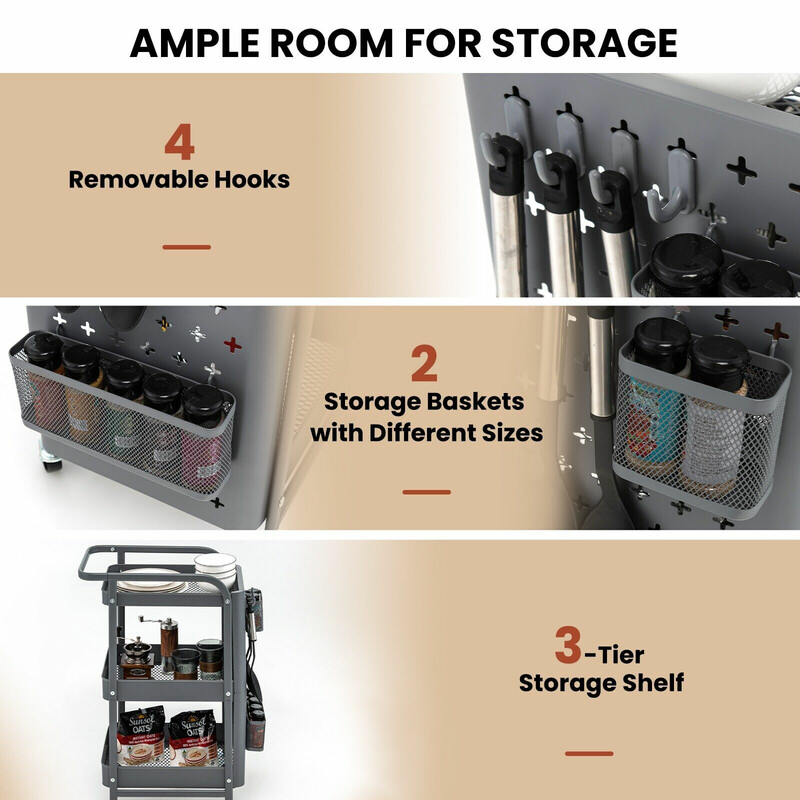 Grå 3‑nivås rullevogn i kulstål 52x33x75 cm med pegboards kurve og kroge