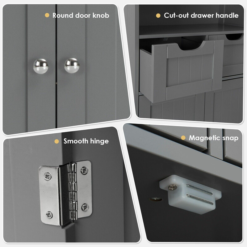 Badeværelseskab grå MDF med justerbare skuffer og hylde 60x30x109 cm