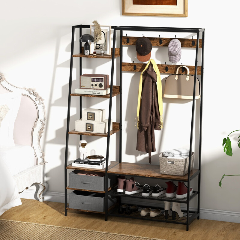 Tøjstativ med skobænk stål træ 122 x 40 x 180 cm brun