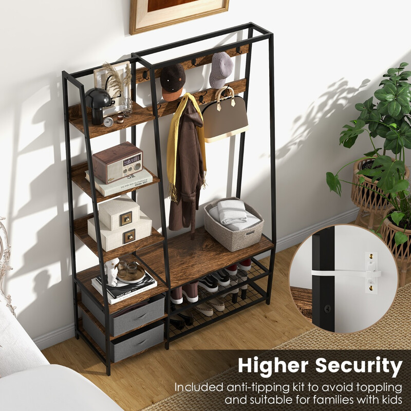 Tøjstativ med skobænk stål træ 122 x 40 x 180 cm brun