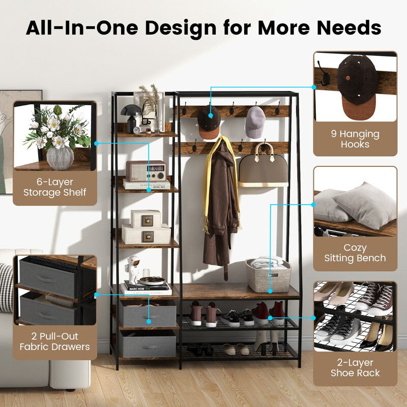 Tøjstativ med skobænk stål træ 122 x 40 x 180 cm brun