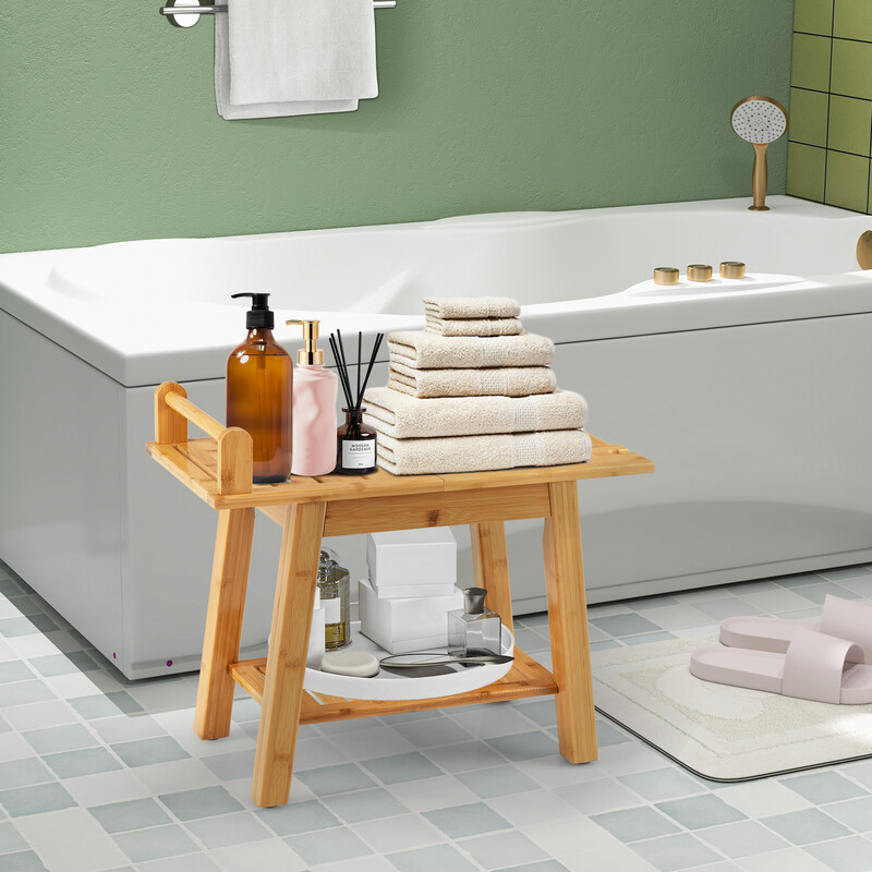 Brusebænk bambus 60x30x50 cm med opbevaringshylde og sikkerhedshåndtag