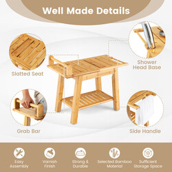 Brusebænk bambus 60x30x50 cm med opbevaringshylde og sikkerhedshåndtag