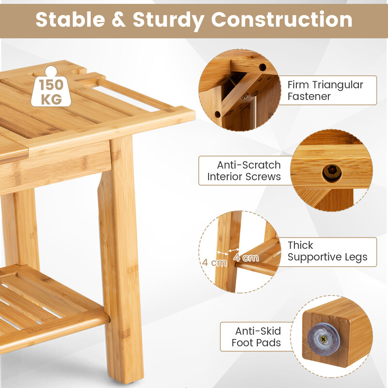 Brusebænk bambus 60x30x50 cm med opbevaringshylde og sikkerhedshåndtag