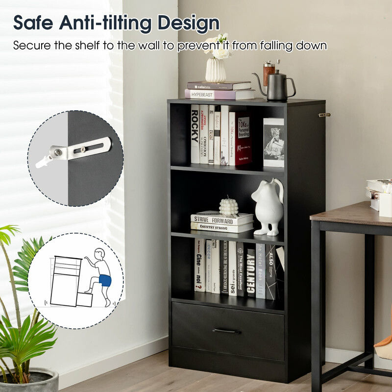 Sort bogreol fire hylder skuffe MDF 60x38x120 cm