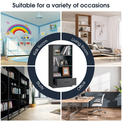 Sort bogreol fire hylder skuffe MDF 60x38x120 cm