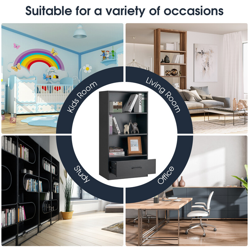 Sort bogreol fire hylder skuffe MDF 60x38x120 cm