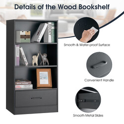 Sort bogreol fire hylder skuffe MDF 60x38x120 cm