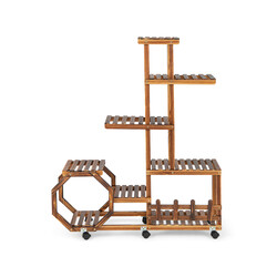 Blomsterstativ i fyrretræ 107x29x126 cm med 8 hylder og 6 låsebare hjul