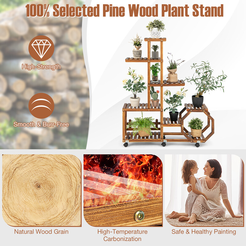 Blomsterstativ i fyrretræ 107x29x126 cm med 8 hylder og 6 låsebare hjul