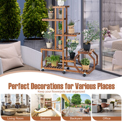 Blomsterstativ i fyrretræ 107x29x126 cm med 8 hylder og 6 låsebare hjul