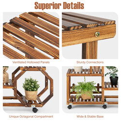 Blomsterstativ i fyrretræ 107x29x126 cm med 8 hylder og 6 låsebare hjul