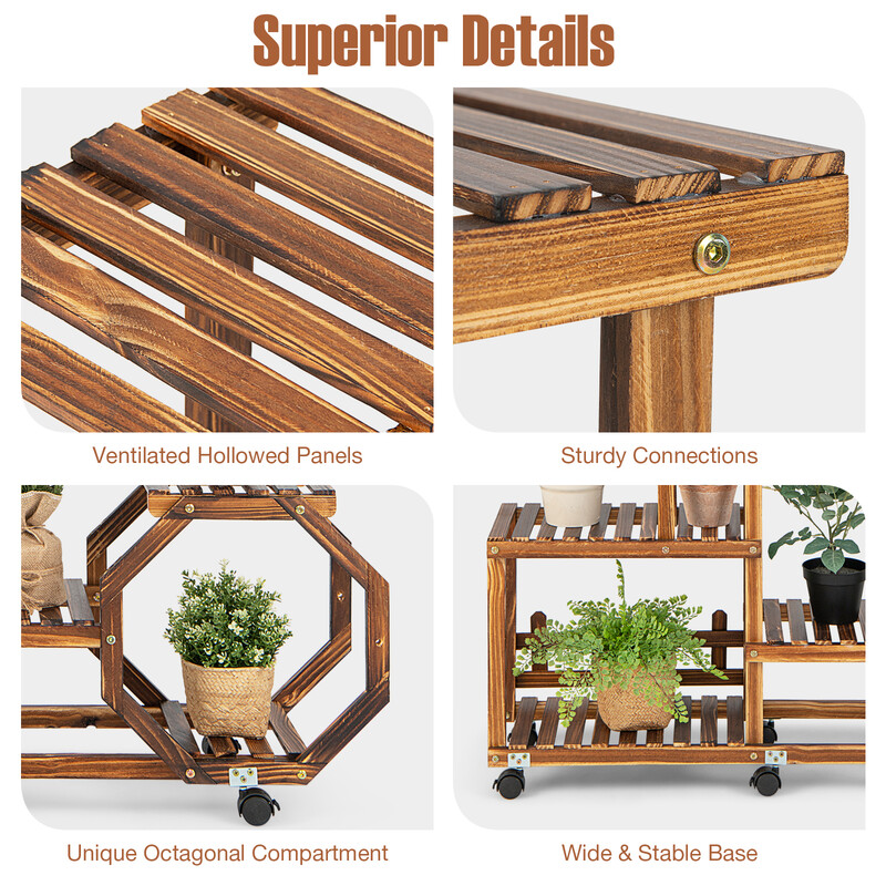 Blomsterstativ i fyrretræ 107x29x126 cm med 8 hylder og 6 låsebare hjul