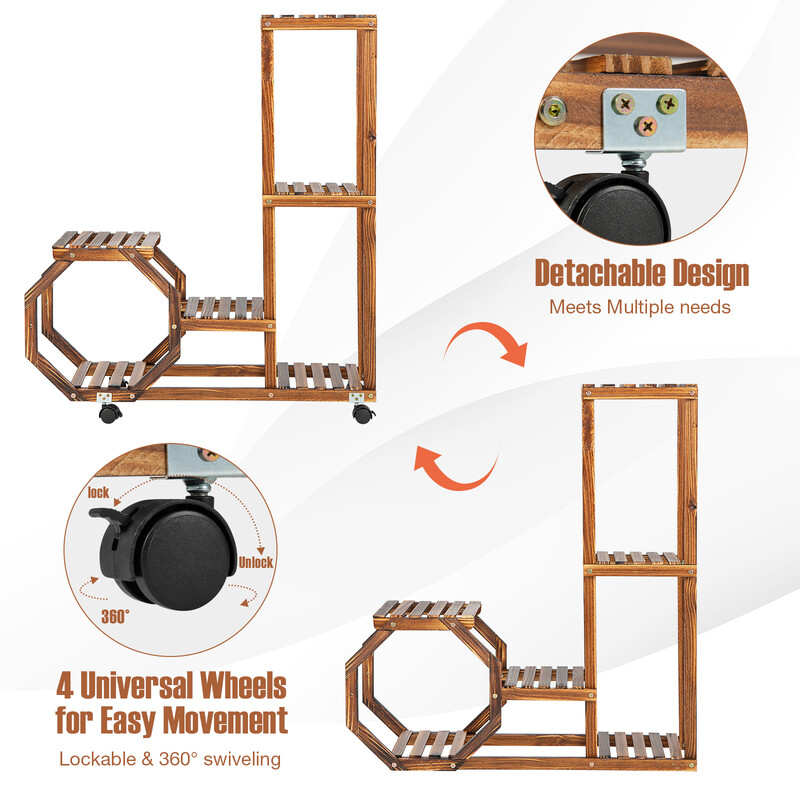 Plantehylde af fyrretræ med seks niveauer aftagelige hjul 107x29x74 cm indendørs udendørs