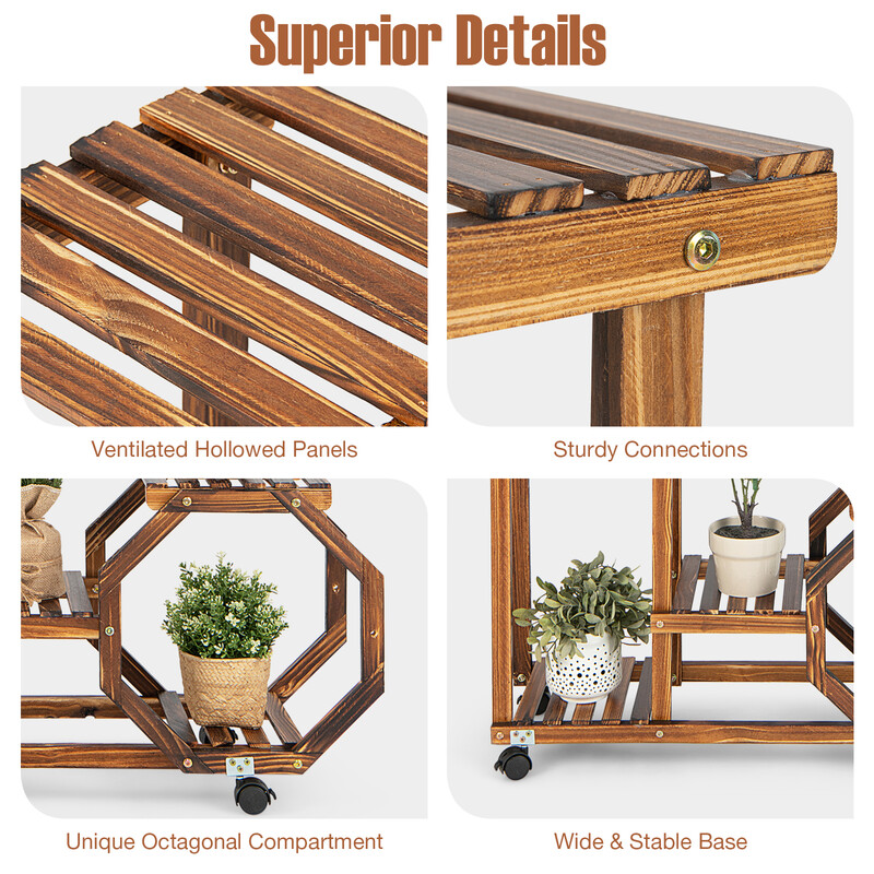 Plantehylde af fyrretræ med seks niveauer aftagelige hjul 107x29x74 cm indendørs udendørs