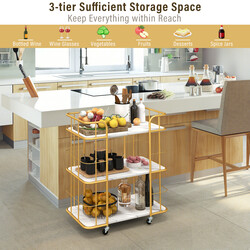 Serveringsvogn guld med tre hylder og marmoreret overflade 66x40x82 cm