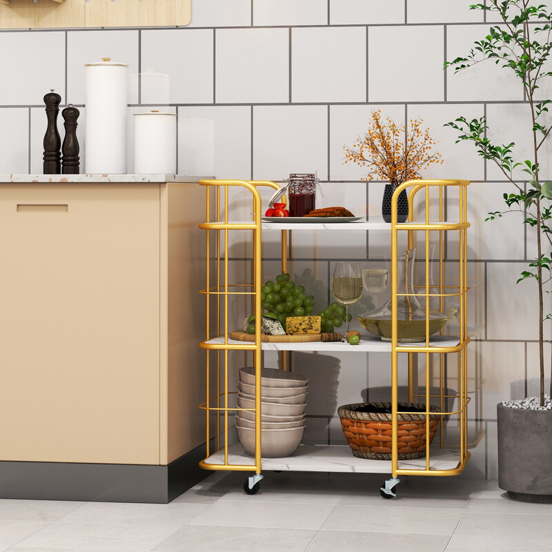 Serveringsvogn guld med tre hylder og marmoreret overflade 66x40x82 cm
