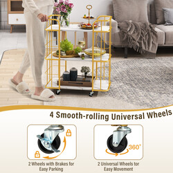 Serveringsvogn guld med tre hylder og marmoreret overflade 66x40x82 cm