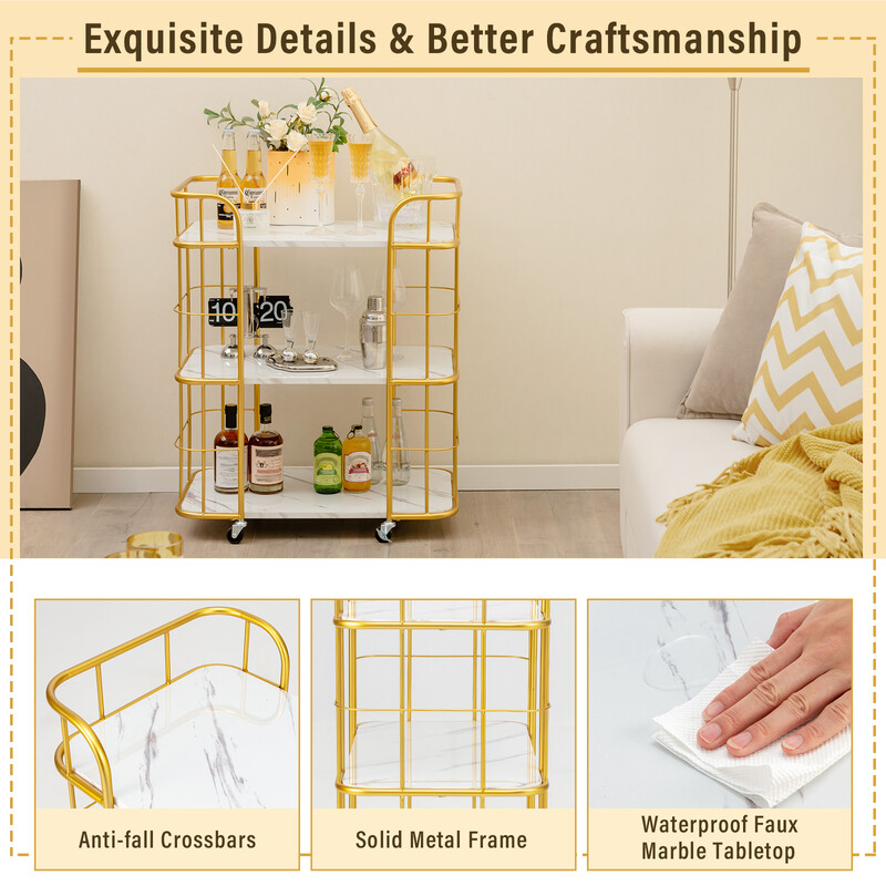 Serveringsvogn guld med tre hylder og marmoreret overflade 66x40x82 cm
