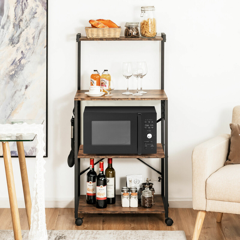 Køkkenhylde træ jern fire niveauer 60x42x122 cm landlig brun med hjul