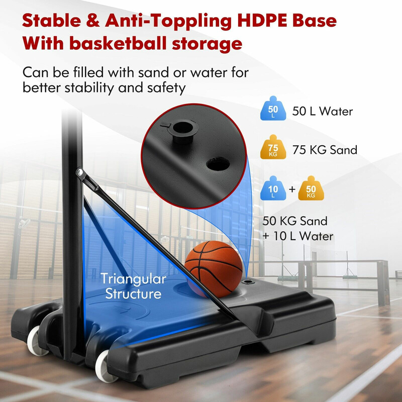 Basketballmål sort justerbar 130 til 305 cm metal HDPE indendørs udendørs