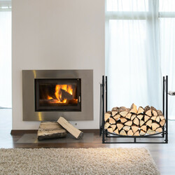 Stål vedstativ sort 76x33x76 cm med aftagelige tændehylder og værktøjssæt