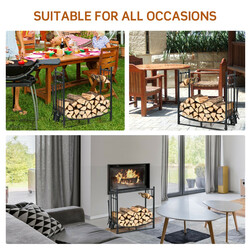 Stål vedstativ sort 76x33x76 cm med aftagelige tændehylder og værktøjssæt