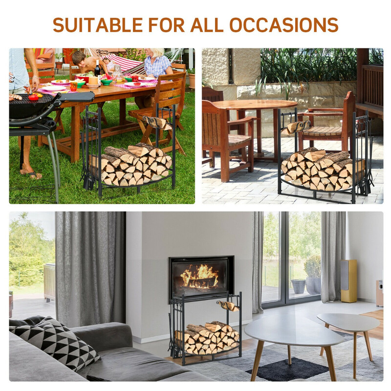 Stål vedstativ sort 76x33x76 cm med aftagelige tændehylder og værktøjssæt