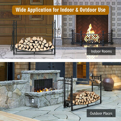 Brændestativ sort stål 91x33x76 cm med værktøjssæt og tændhylder