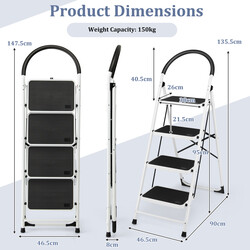 Foldbar 4-trins stålstige med gummihåndtag 150 kg belastning 46 x 90 x 136 cm