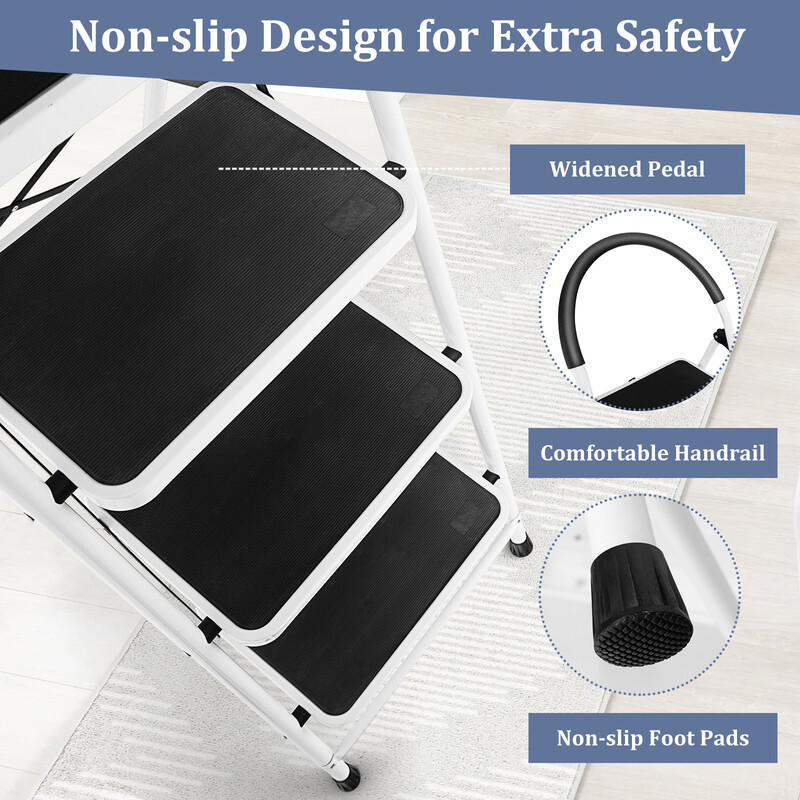 Foldbar 4-trins stålstige med gummihåndtag 150 kg belastning 46 x 90 x 136 cm