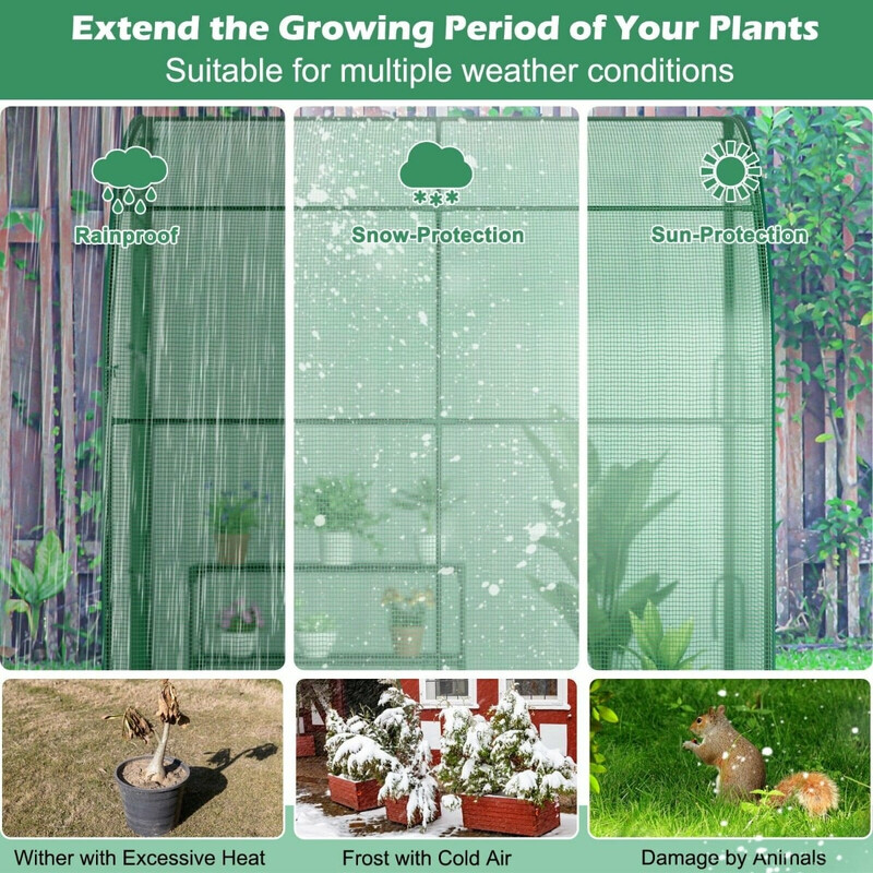 Folie drivhus med blomsterbænk og lynlåsdøre 198x98x215 cm grøn