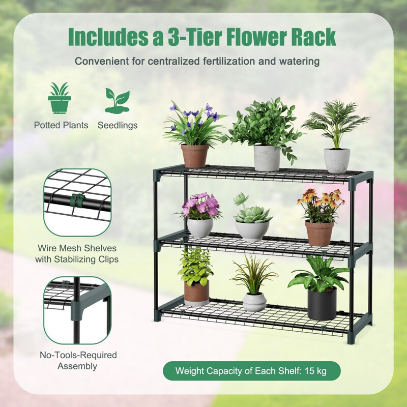 Folie drivhus med blomsterbænk og lynlåsdøre 198x98x215 cm grøn