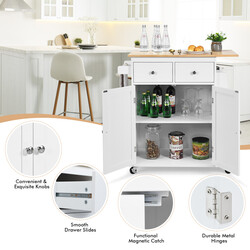 Køkkenø hvid gummitræ bordplade 2 skuffer justerbar hylde 4 hjul
