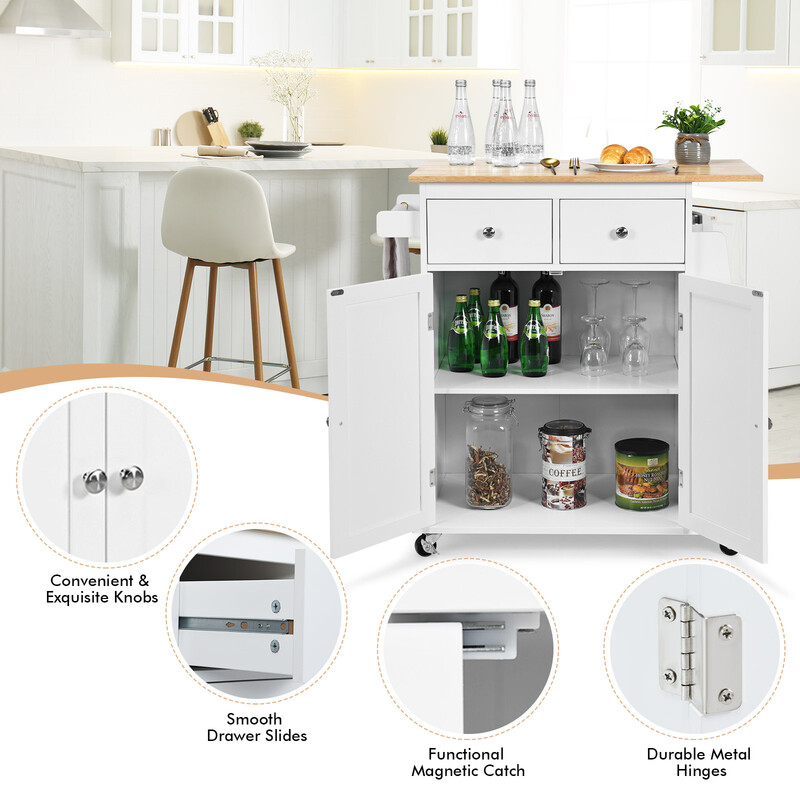 Køkkenø hvid gummitræ bordplade 2 skuffer justerbar hylde 4 hjul