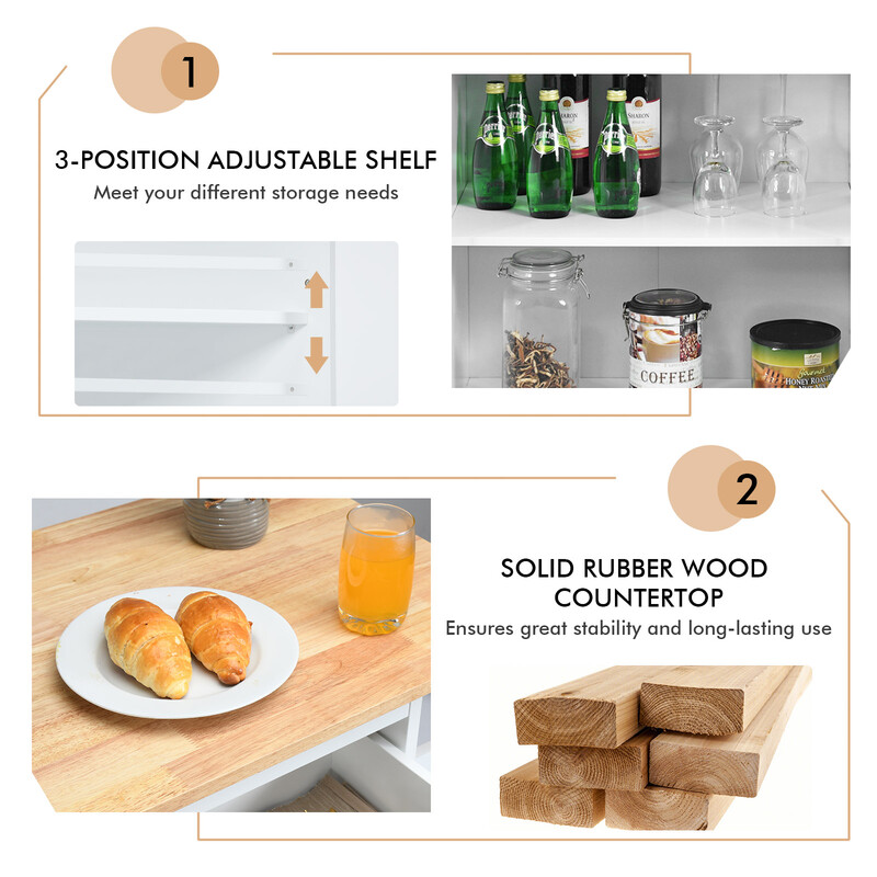 Køkkenø hvid gummitræ bordplade 2 skuffer justerbar hylde 4 hjul