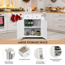 Køkkenø hvid gummitræ bordplade 2 skuffer justerbar hylde 4 hjul