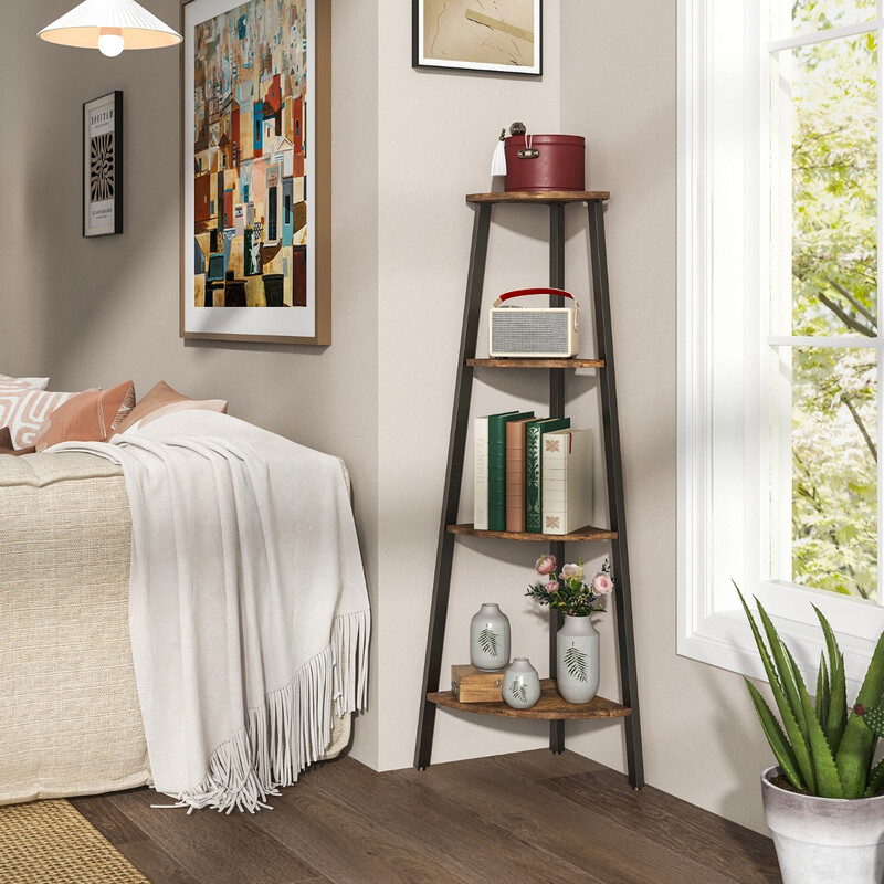 Hjørnehylde spånplade metal brun sort 34x34x124 cm 4 hylder