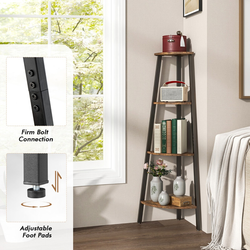 Hjørnehylde spånplade metal brun sort 34x34x124 cm 4 hylder