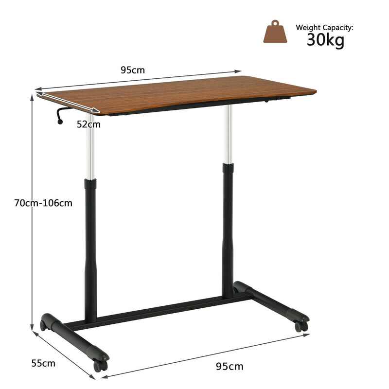 Højdejusterbart ergonomisk computerskrivebord med hjul brun 95x52 cm