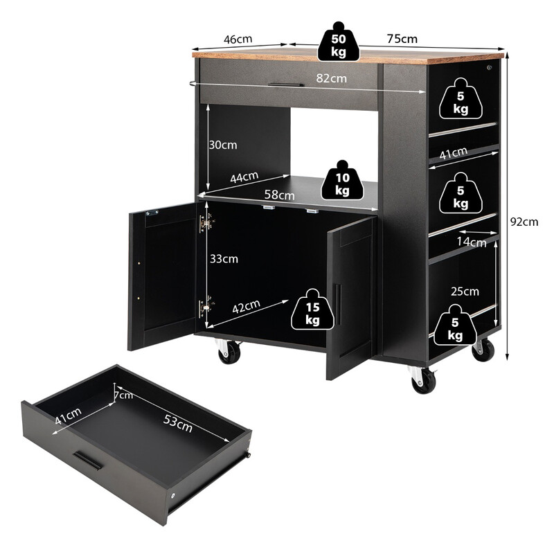 Mobil køkkenvogn i sort træ 75x46x92 cm med krydderihylder