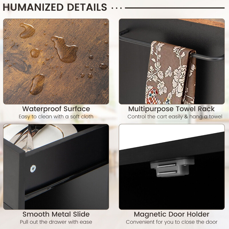 Mobil køkkenvogn i sort træ 75x46x92 cm med krydderihylder