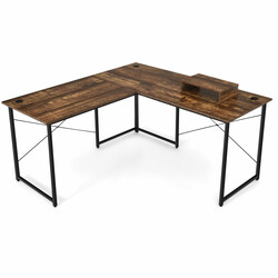 L-formet skrivebord i rustik brun konstruktionstræ med metalramme og skærmstativ 150x150x74 cm