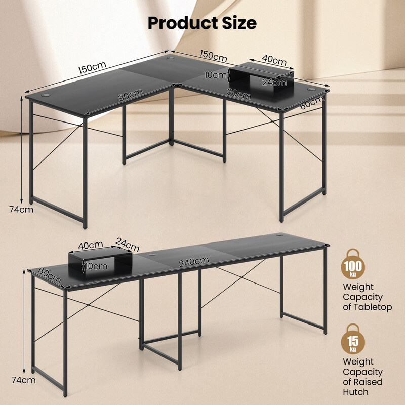 L-formet skrivebord i konstruktionstræ og metal 150x150 cm med skærmstativ