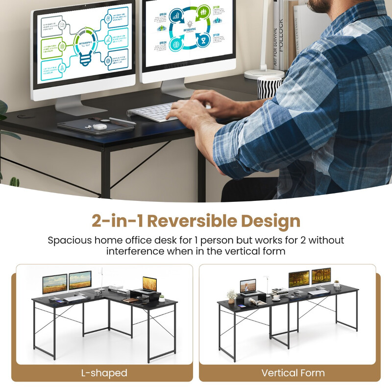 L-formet skrivebord i konstruktionstræ og metal 150x150 cm med skærmstativ