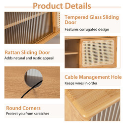 TV-bænk i naturlig bambus til 55 tommer med skydedøre og hylder