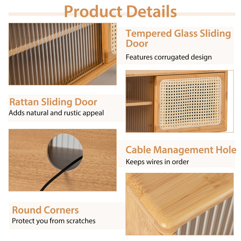 TV-bænk i naturlig bambus til 55 tommer med skydedøre og hylder