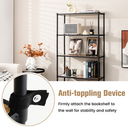 Boghylde med fem hyldeplan i brun træimitation og sort metalramme 80x29x154 cm